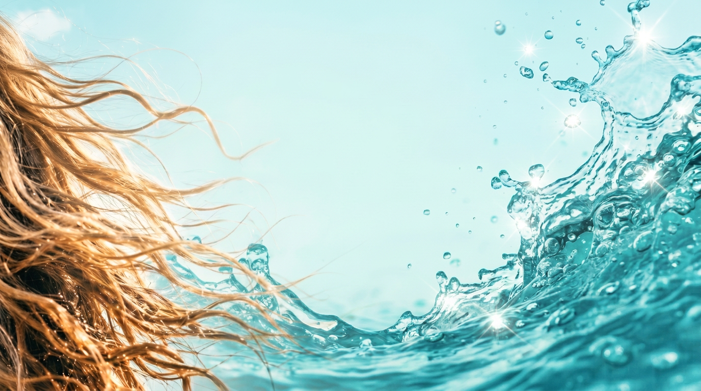 Windbewegte sonnengeküsste Haare und türkise Meerwasser-Welle